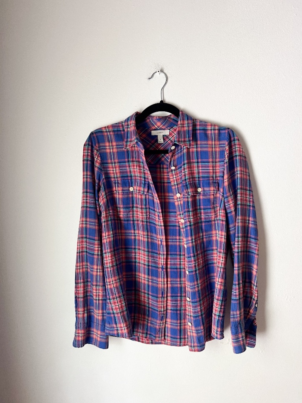 J.Crew Blue Plaid Button Front Shirt Women's 4 Cotton Stretch Utility Plaid